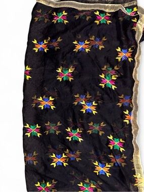 Black Floral Embroidered Wrap Scarf with Colorful Accents